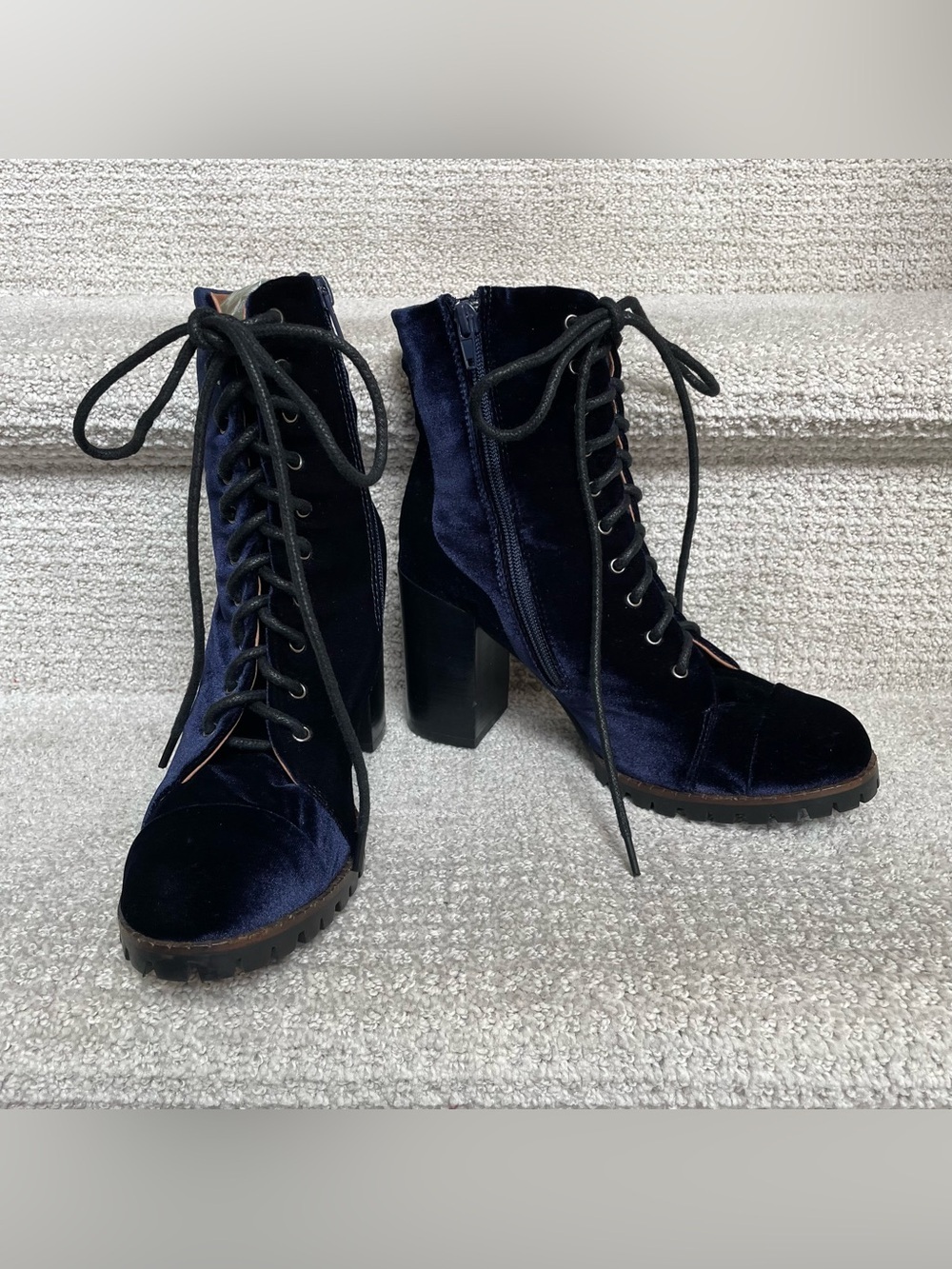 Jeffrey Campbell Ibiza Blue Velvet Lace-Up Combat Boots Block Heel Size 8